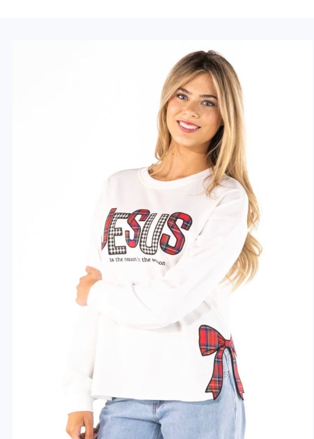 Long sleeve SSJR Jesus Is The Reason shirt with side bow accents by Ivy's Gifts & Boutique, featuring a comfortable fit and detailed design.