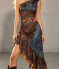 Western-style asymmetrical hem dress by Ivy's Gifts & Boutique featuring chocolate brown lace accents and a stylish, flowing silhouette.
