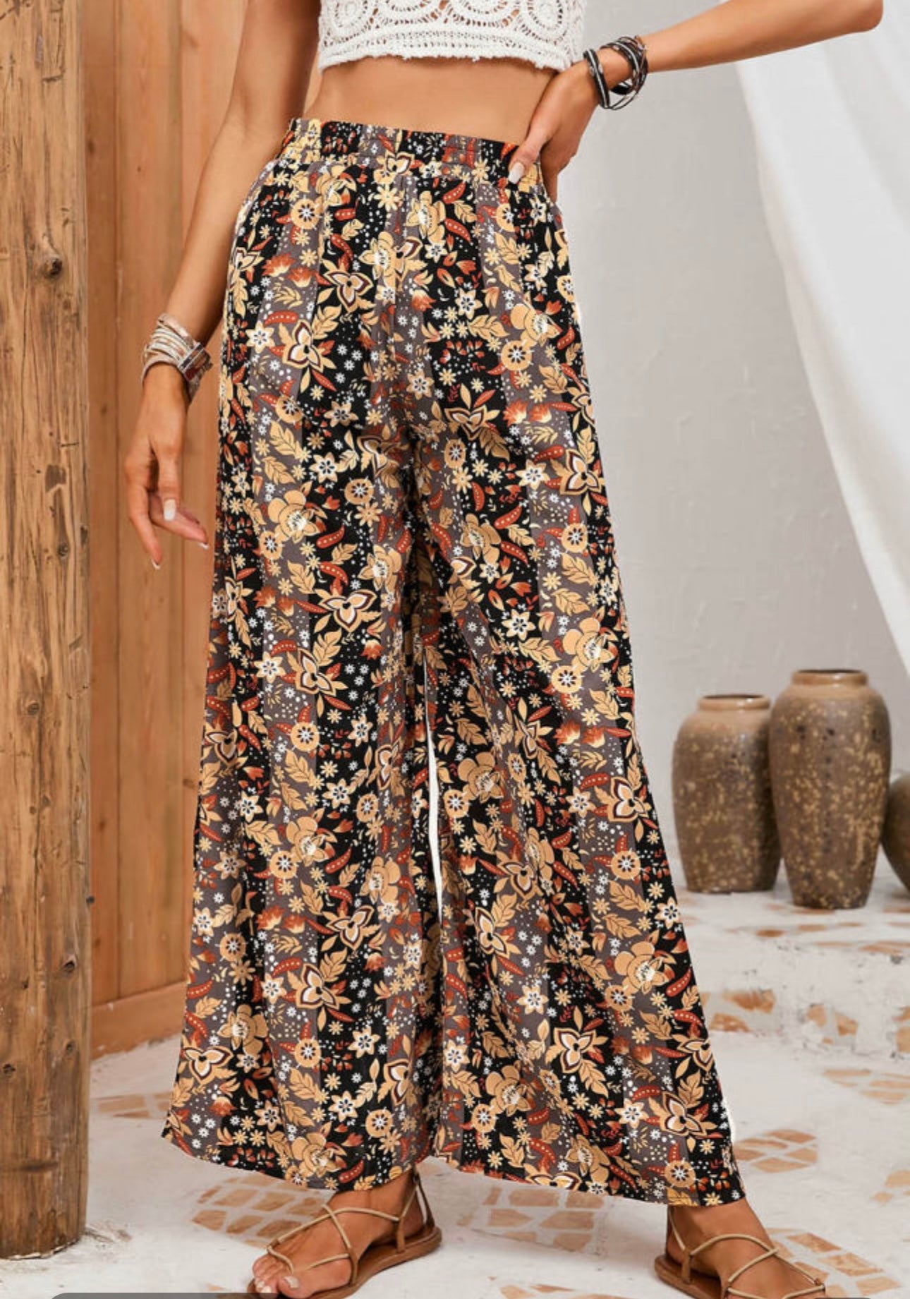 Black and Floral Print Wide Leg Elastic Waist Pants