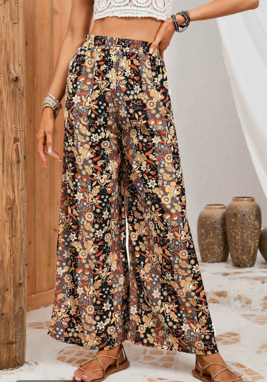 Black and Floral Print Wide Leg Elastic Waist Pants