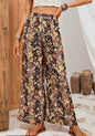 Black and Floral Print Wide Leg Elastic Waist Pants