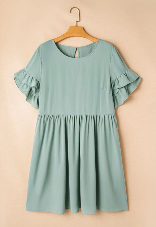 PP33 Petal Design Ruffle Short Sleeve Mini Flared Dress with Keyhole Back Closure
