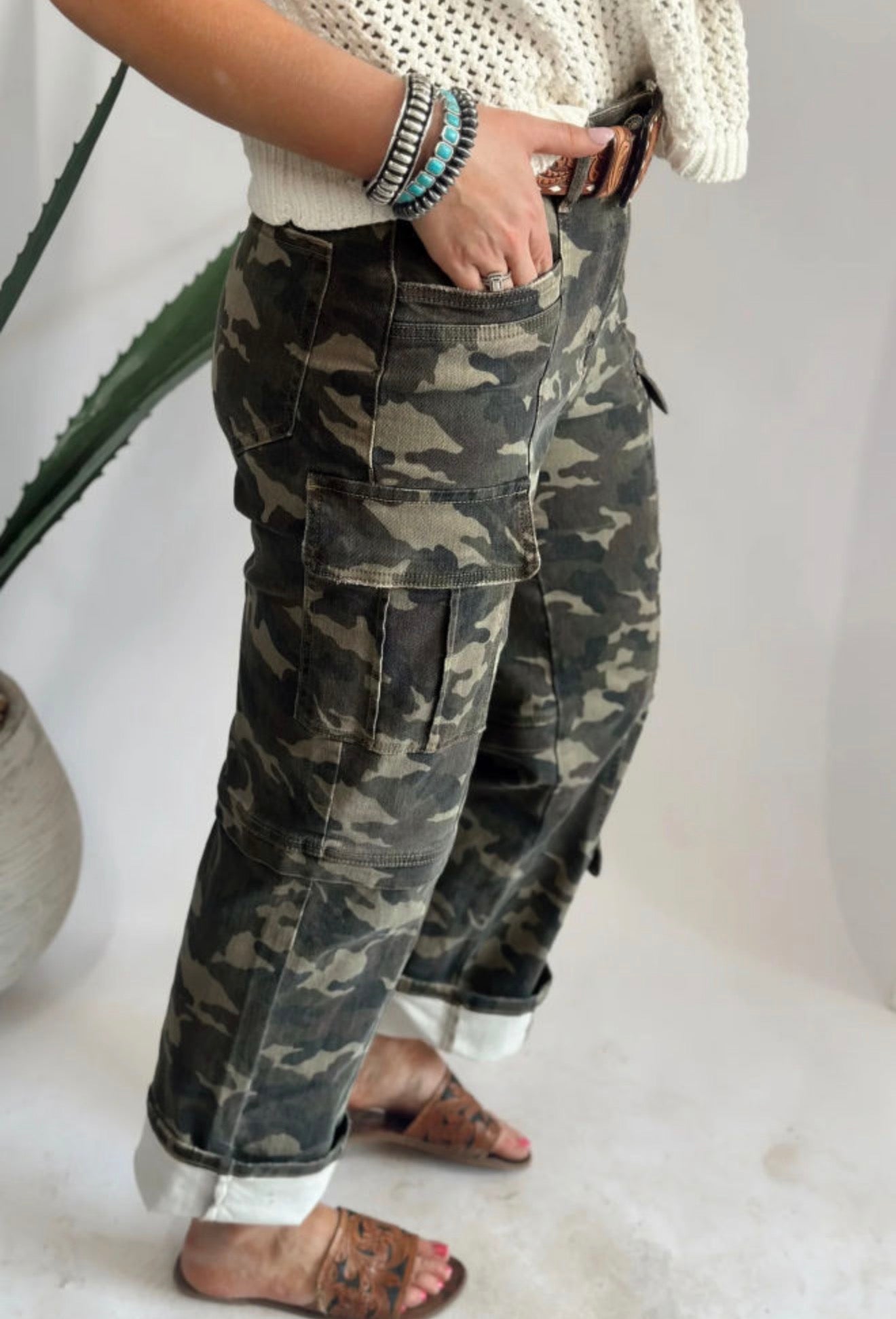 MLCM Camo Print Cargo Wide Leg Pants in Comfy Stretch Denim