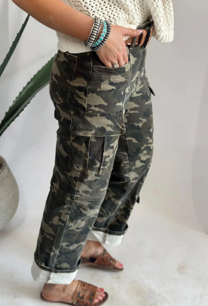 MLCM Camo Print Cargo Wide Leg Pants in Comfy Stretch Denim
