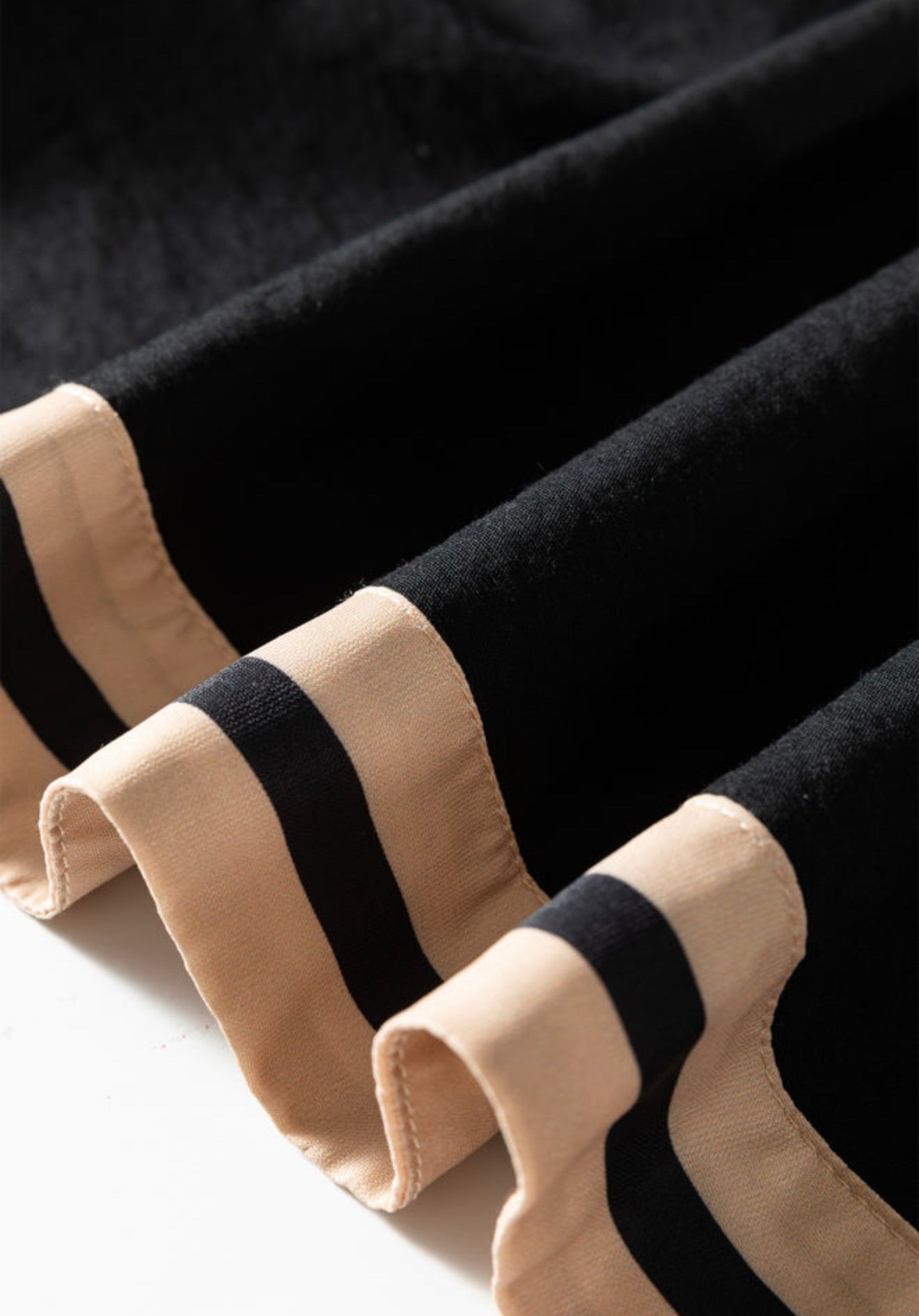 PP13 Black Long Sleeve Mini Shift Dress with Beige Stripe Detail and V Neck Design