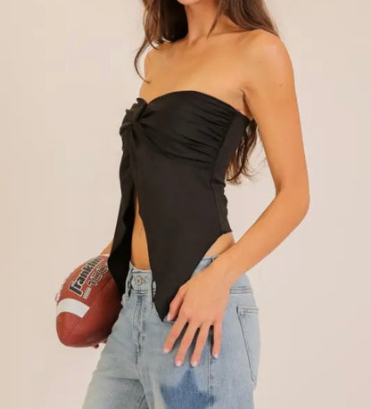 C105 Black Twist Front Handkerchief Style Strapless Top