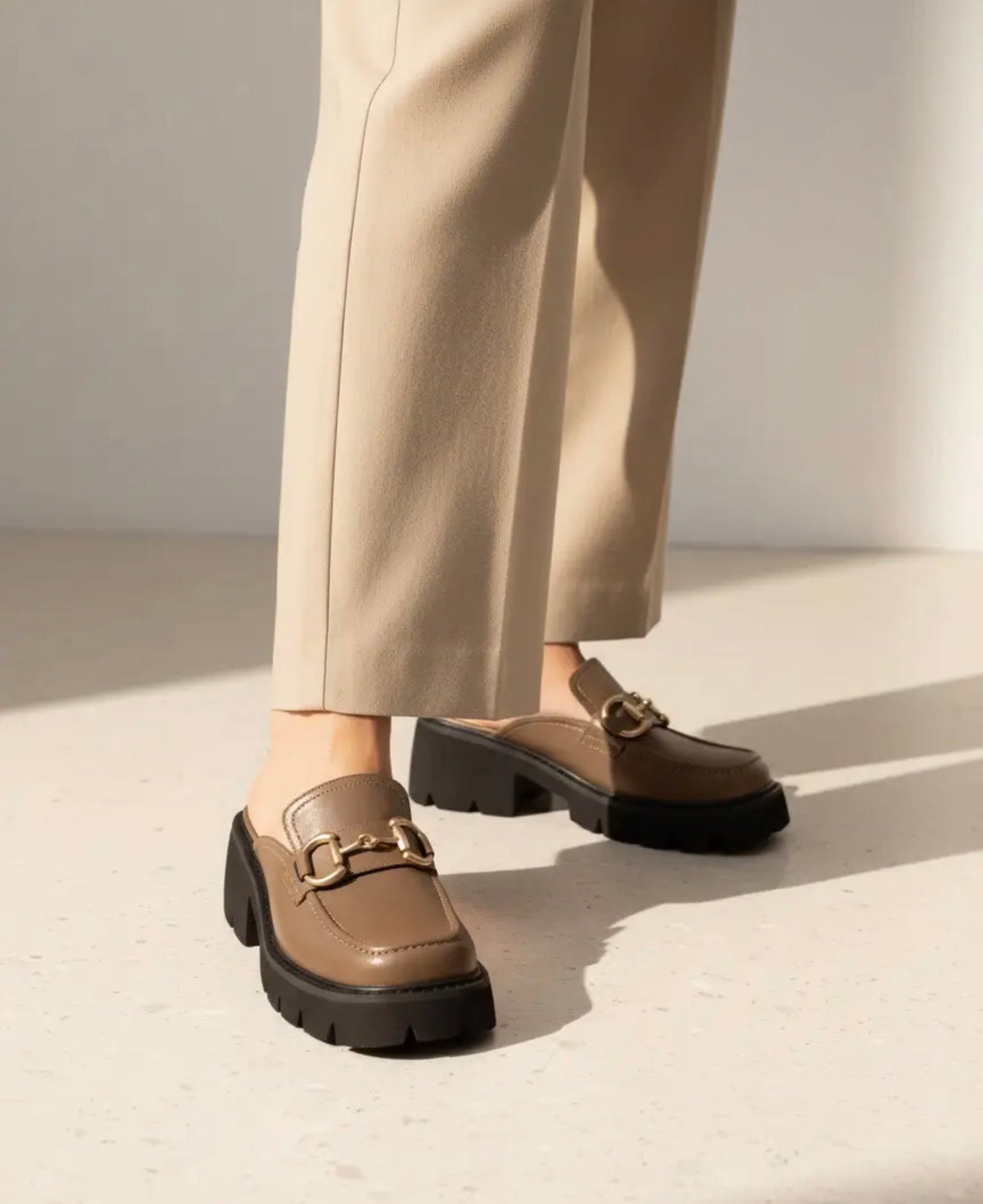 MBMF Mocha Brown Chunky Sole Mule Style Shoe with Horse Bit Buckle