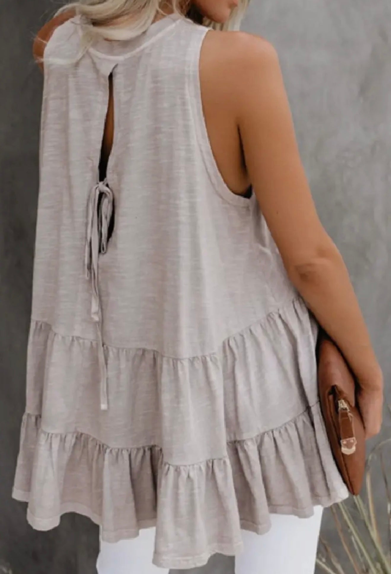 Beige Sleeveless Ruffle Hem Tunic Top with Tie Back