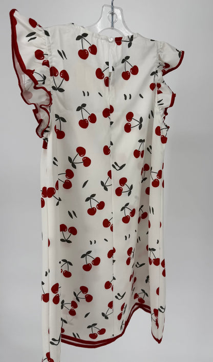 CH3 Children's White Dress with Cherry Print and Ruffle Cap Sleeves