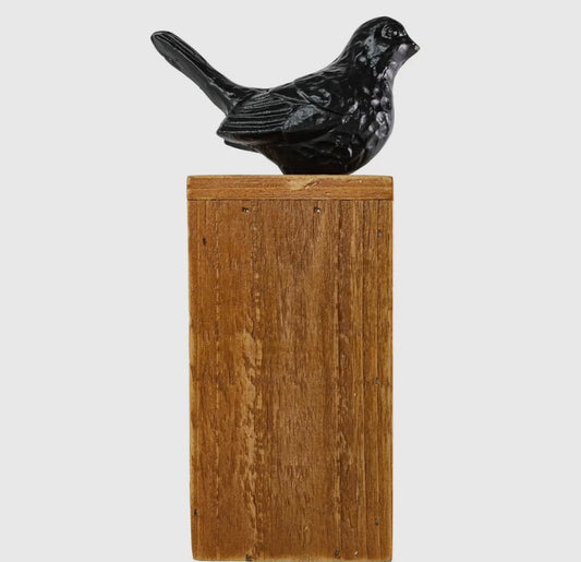 Cast Iron Black Bird on Wood Pedestal