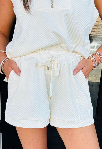 2 Piece White Short Set with Zipper Collar