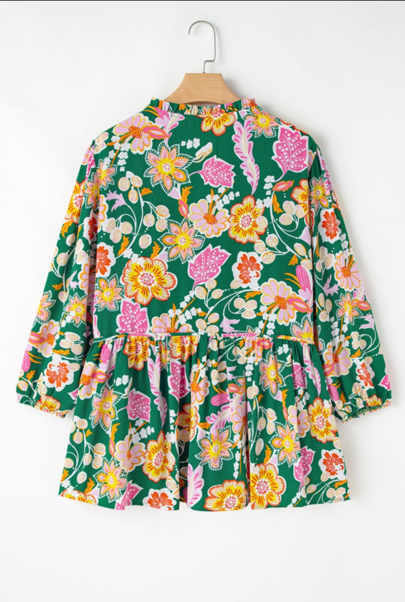 Floral Print Green Blouse with Tie at Neck