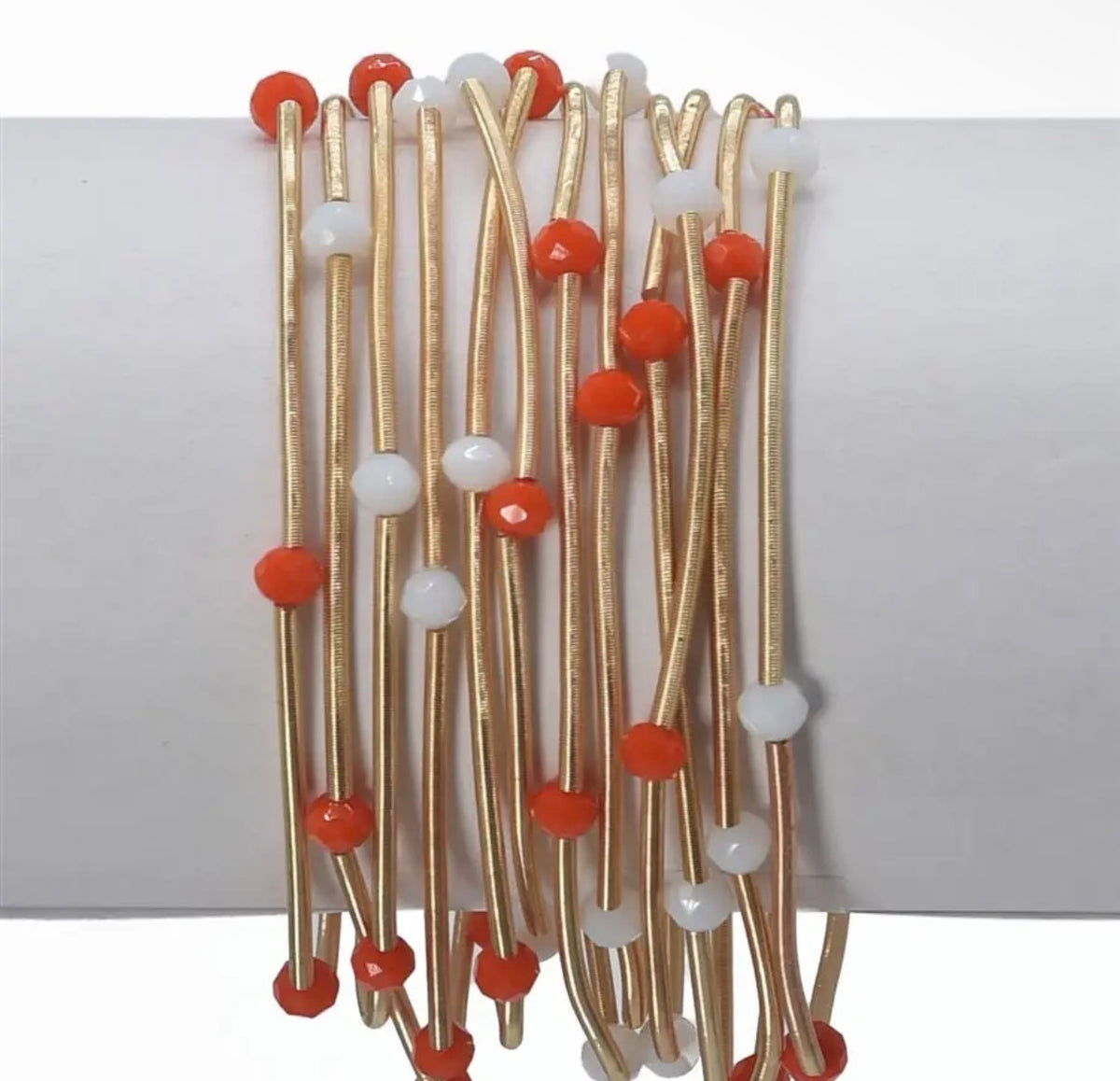 GSBS 9 Metal Wire Stretch Bracelets with Orange and White Beads for Game Day Spirit
