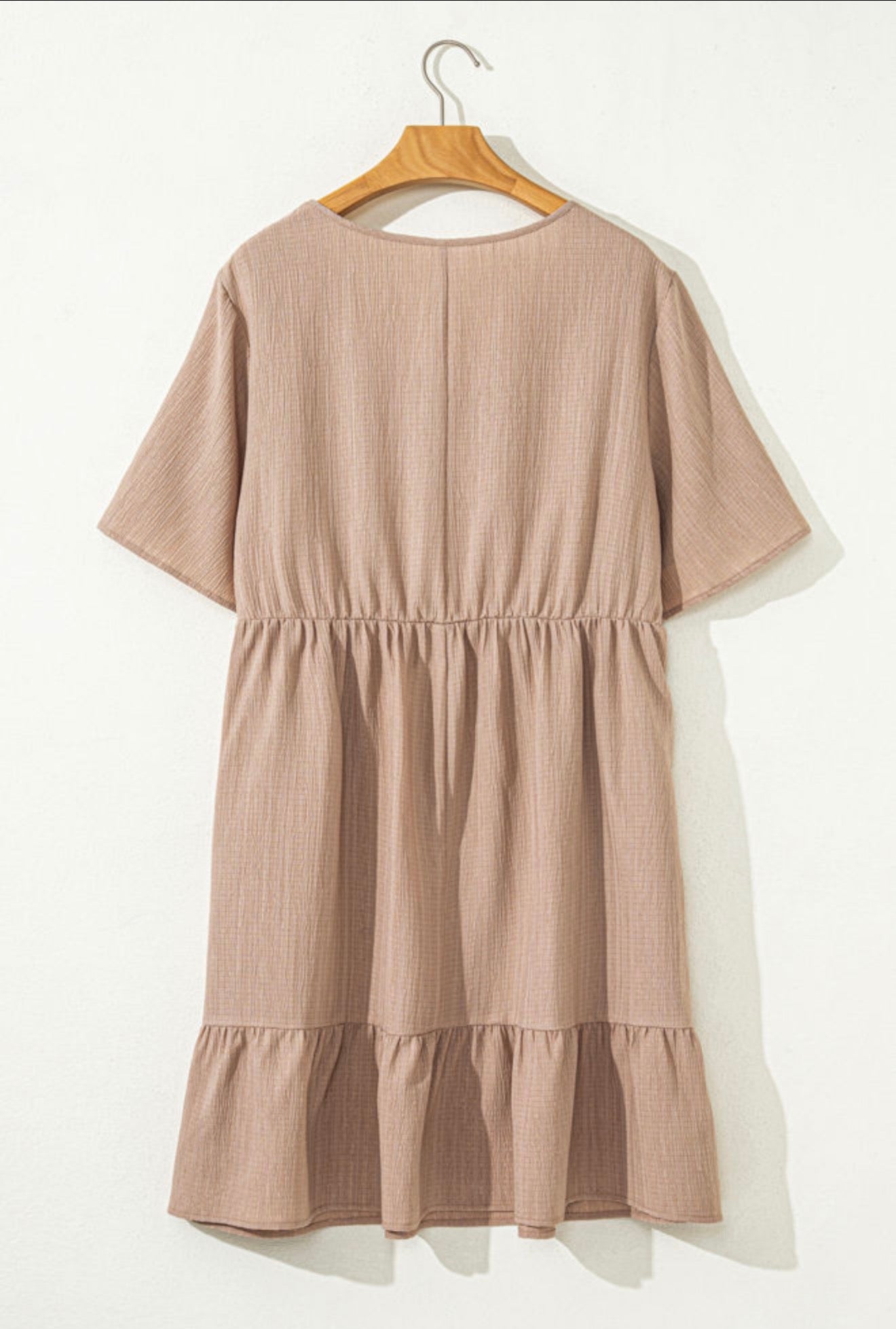 PP16 Dark Khaki Textured Fabric Short Sleeve Dress with Pockets and Flattering Thin Elastic Waist Band