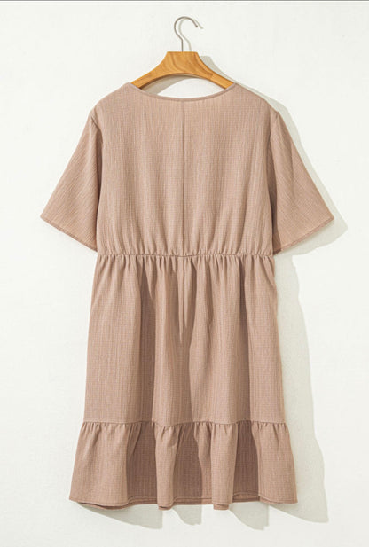 PP16 Dark Khaki Textured Fabric Short Sleeve Dress with Pockets and Flattering Thin Elastic Waist Band