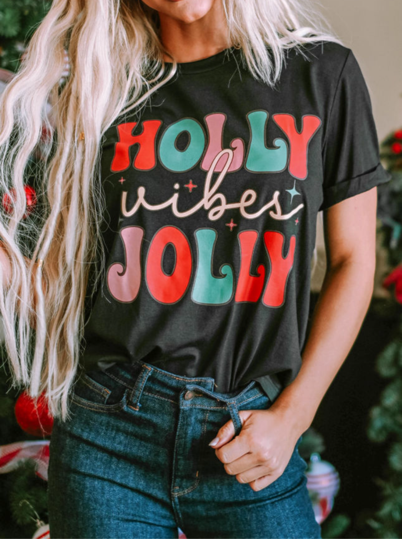 Black Holly Jolly T-Shirt with Cuffed Sleeved