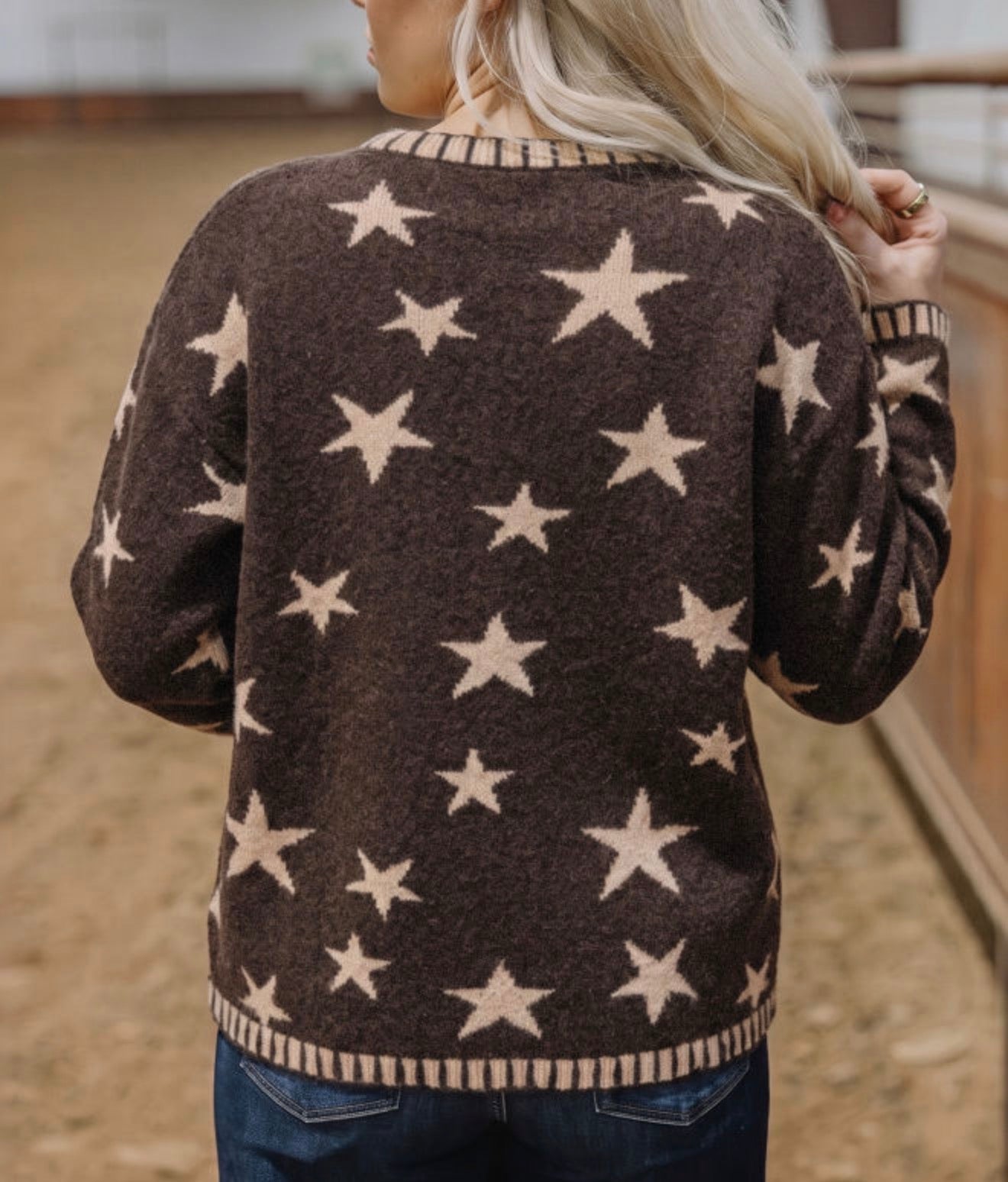 MLSS Brown Button Up Cardigan Sweater with Star Details and Blanket Stiching on Pockets,Cuffs, Neck and Hem