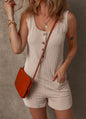 Beige Ribbed Knit Romper with Pocket and Button Detail