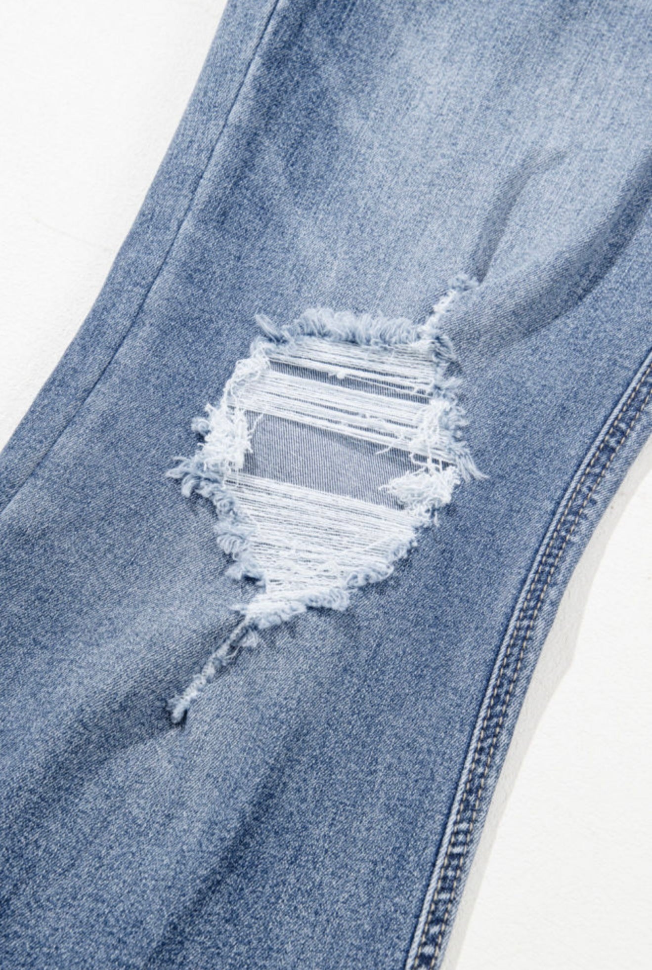 Distressed Blue Jeans with Trendy Frayed Wide Leg Hem