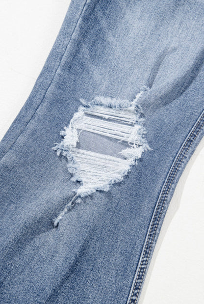 Distressed Blue Jeans with Trendy Frayed Wide Leg Hem