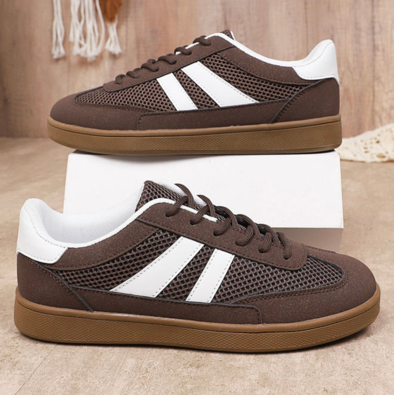 A56 Chocolate Brown Sneakers with White Stripes - Ivy's Gifts & Boutique
