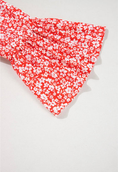PP30 Red Flare Sleeve V Neck Top with White Floral Detail