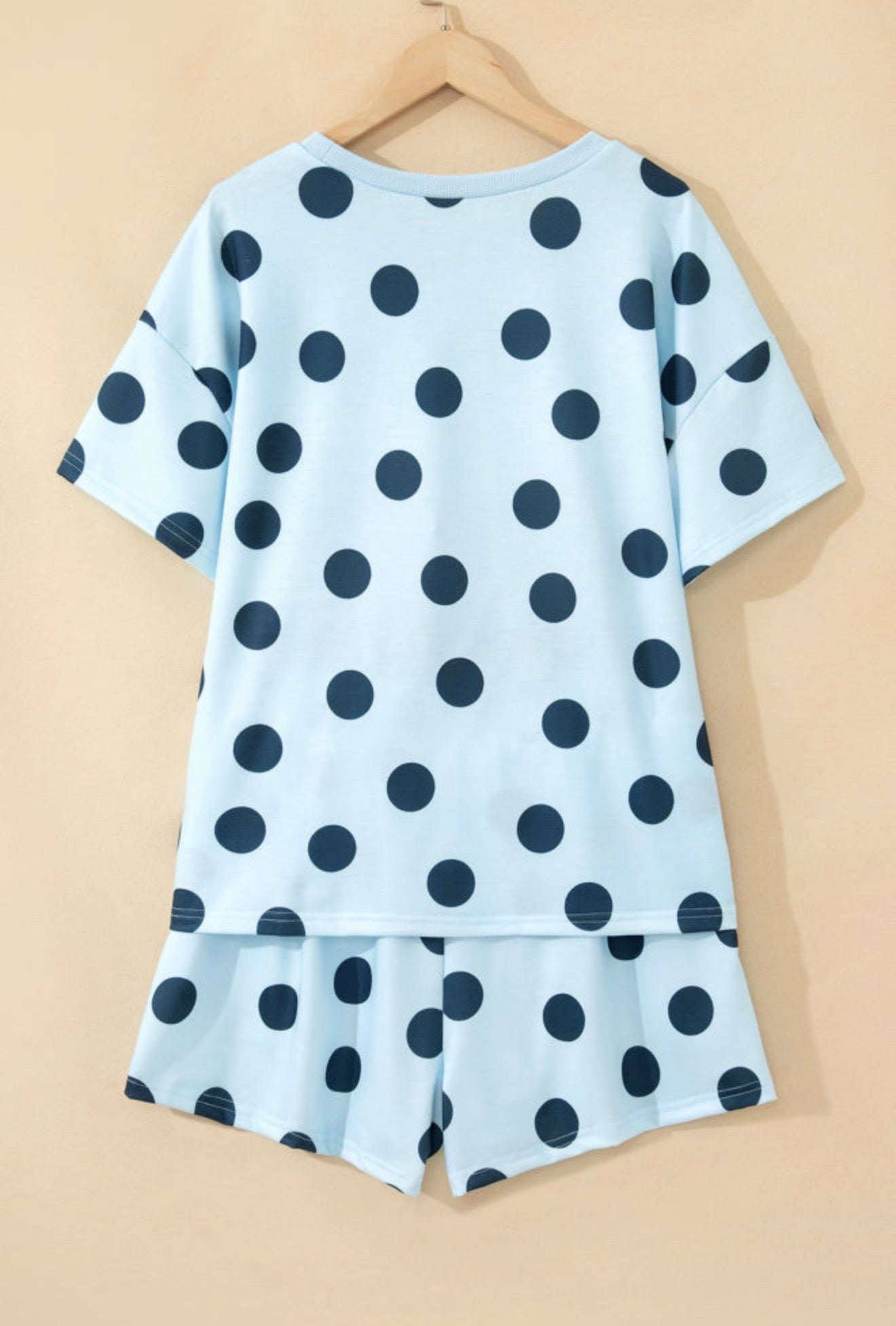 Light blue polka dot 2-piece short set by Ivy's Gifts & Boutique, featuring a comfortable top and matching shorts.