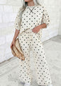 MLCPD Cream 2 Piece Pant Set with Black Polka Dots Elastic Drawstring Waist Pants and Black Accent Stitching Details