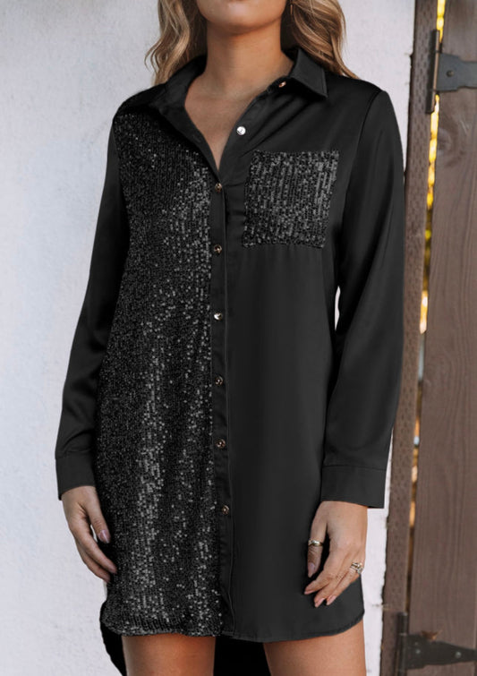 Black Satin Shirt Style Dress with Sequin Pocket Details