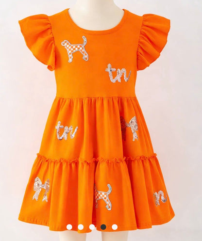CCTND Orange Flutter Sleeve Tier Ruffle Hem Dress with Sequin Embellishments