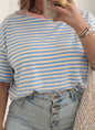 Sky blue drop shoulder stripe top with baby pink contrast trim around the neck, by Ivy's Gifts & Boutique.