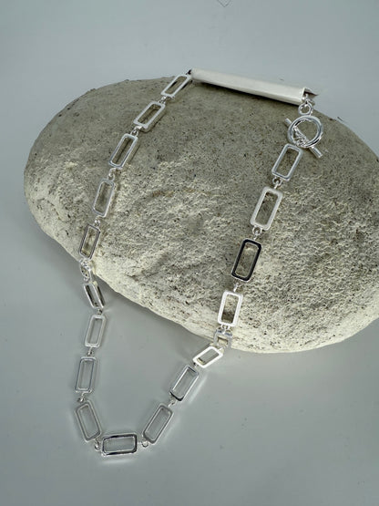 Trezo Silver Rectangle Link Necklace and Bracelet with Toggle Style Closure