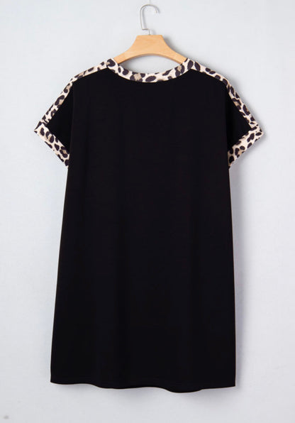 PP17 Black Shift T Shirt Dress with Pockets and Animal Print Accents