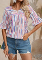 Mauve and Blue Stripe  Design Blouse with Ruffle Hem Sleeve