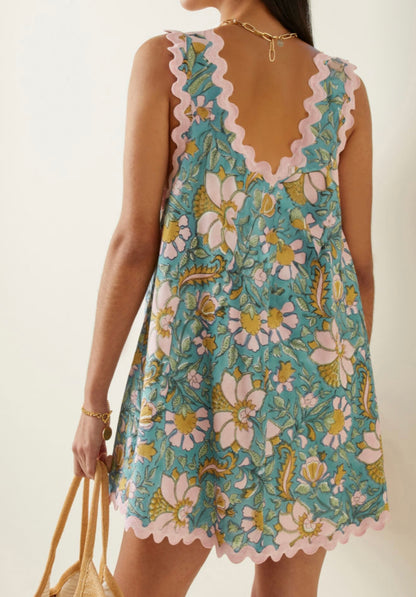 Floral Print Dress with Pockets and Rick Rack Trim