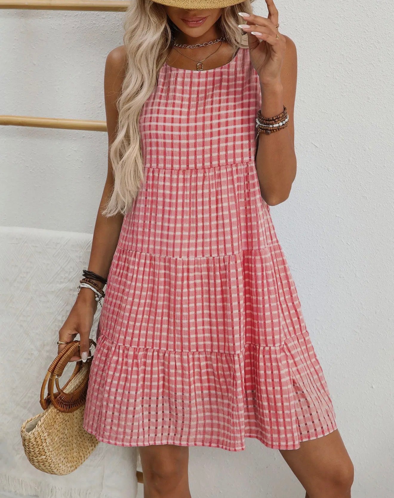 Sleeveless basket woven plaid dress in blue, pink, or red by Ivy's Gifts & Boutique, featuring a stylish, casual design.