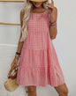 Sleeveless basket woven plaid dress in blue, pink, or red by Ivy's Gifts & Boutique, featuring a stylish, casual design.
