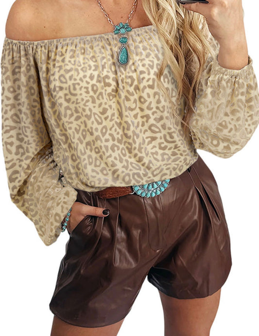 Beige Textured Animal Print Blouse with Elastic Neckline and Cuffs