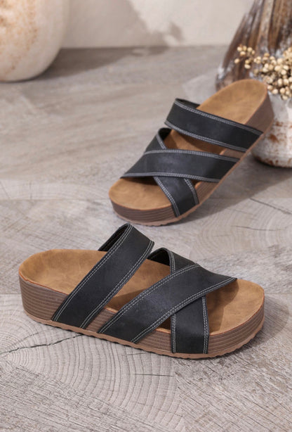 ML1 Black Wide Strap Slide Sandal with Contrast white stitching