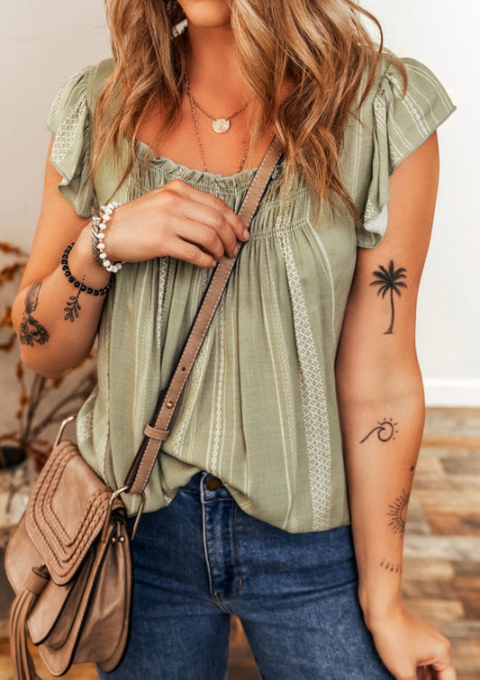 Green Top with Cap Sleeves and Subtle White Stripe