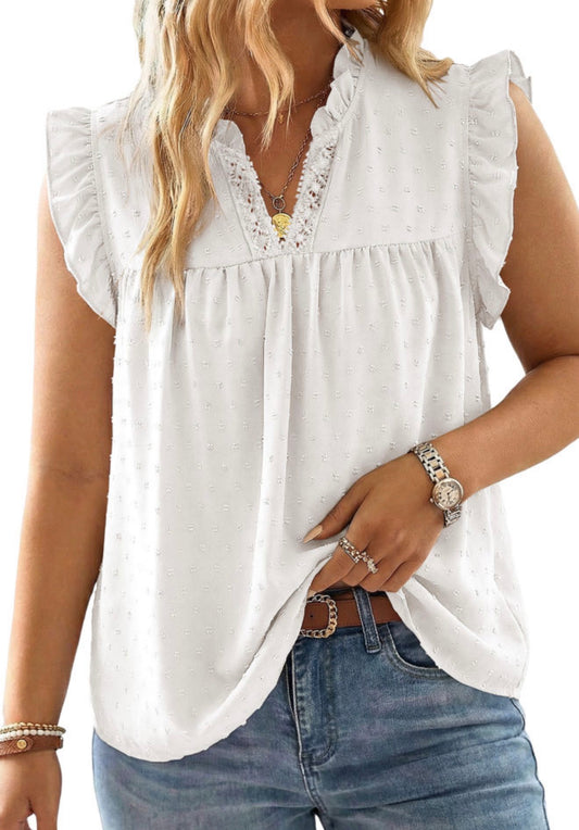 PP18 White Ruffle Lace Trimmed V Neck Top with Swiss Dot Fabric and Carefree Fit
