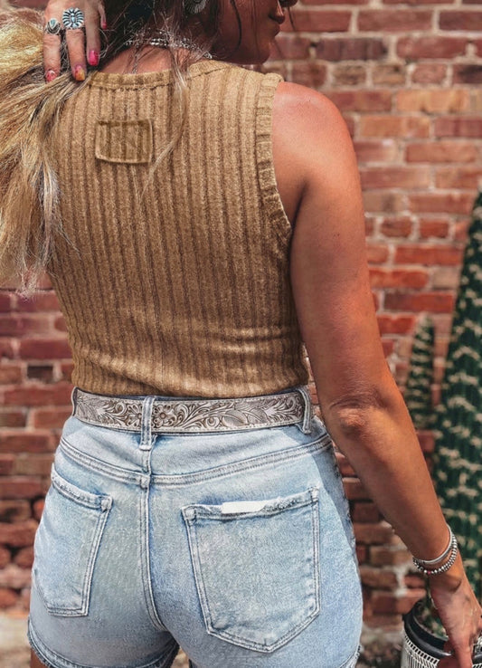 Brown ribbed sleeveless top from Ivy's Gifts & Boutique, featuring a soft, fitted design and sleeveless style.