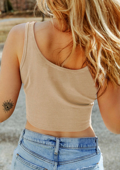 Beige Cropped V-neck Ribbed Tank
