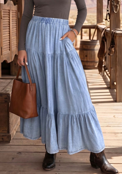 MLDS Denim Maxi Skirt with Ruffle Hem and Elastic Waistband