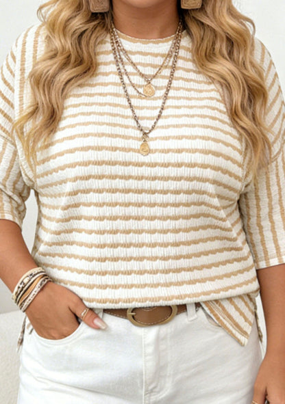 Light khaki striped short sleeve top from Ivy's Gifts & Boutique's PP20 Casual Basic collection, soft and versatile for all wardrobes.