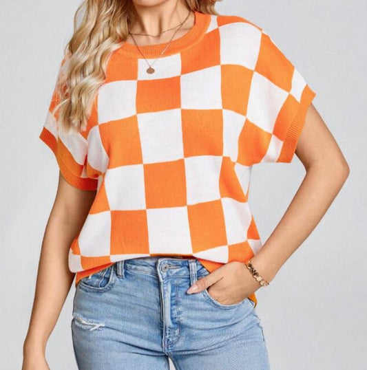 Orange and White Checkered Sweater