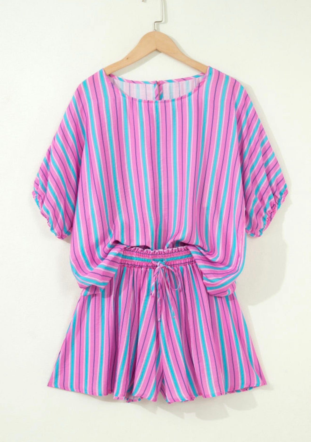 MPPGS Lightweight Pink Striped Skirt Short Set with Drawstring Elastic Waist