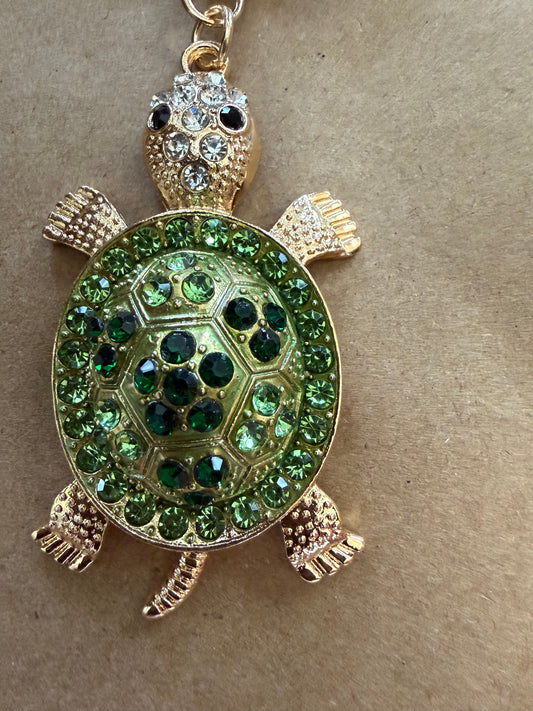 J40 Turtle Key Ring Bag Charm with Green Rhinestones