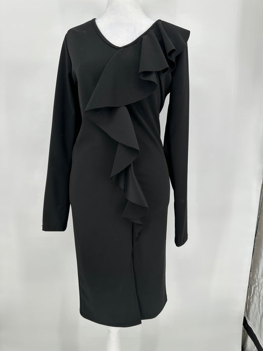 Black Long Sleeve Dress with Diagonal Shoulder Ruffle