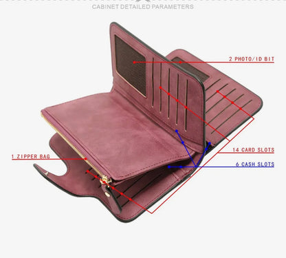 Vegan leather women's wallet with zippered coin pouch, multiple card and ID storage pockets, by Ivy's Gifts & Boutique.